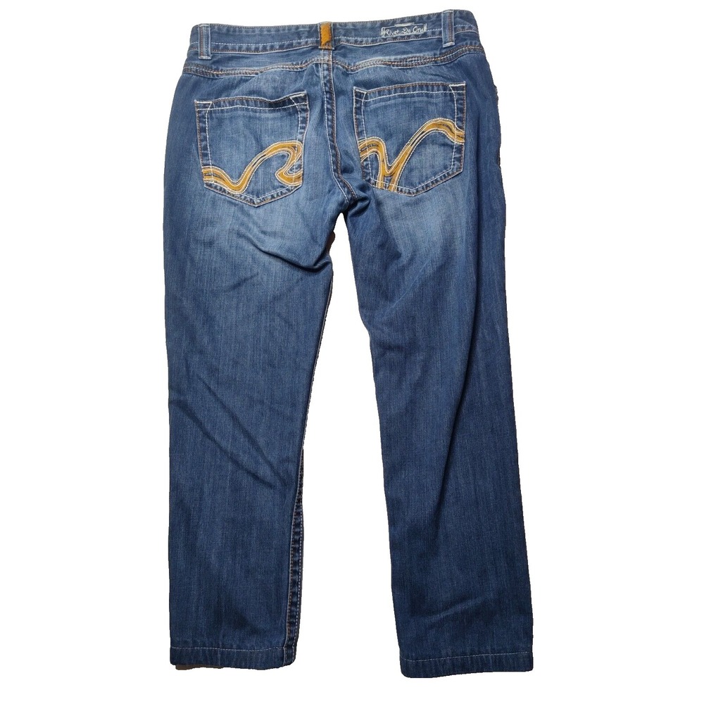RIVET DE CRU Men 36X29 Button Fly Embroidered Pocket Denim‎ Blue Jeans